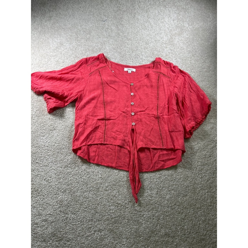 Takara Women's Red Medium Button Front Rayon Top with Tie